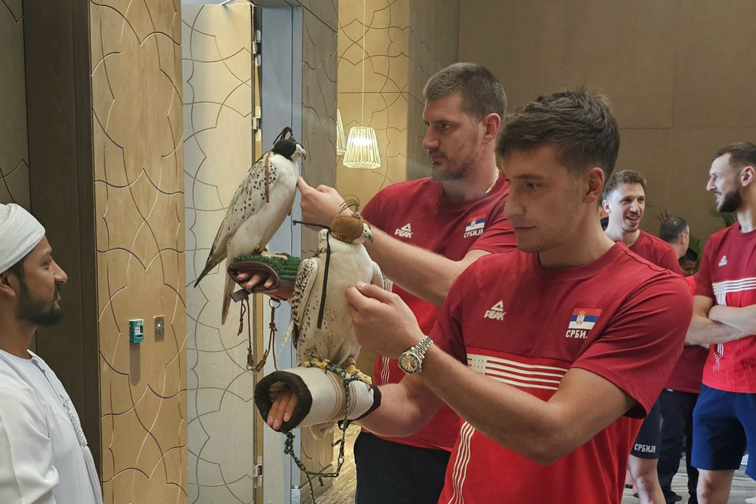Soko zove orla: Košarkaši Srbije "upoznali" ptice Abu Dabija, pogledajte urnebesnu reakciju Jokića i Bogdana (FOTO, VIDEO)