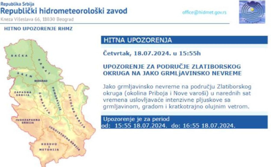 Novo upozorenje RHMZ: Uskoro stižu grmljavinske nepogode!