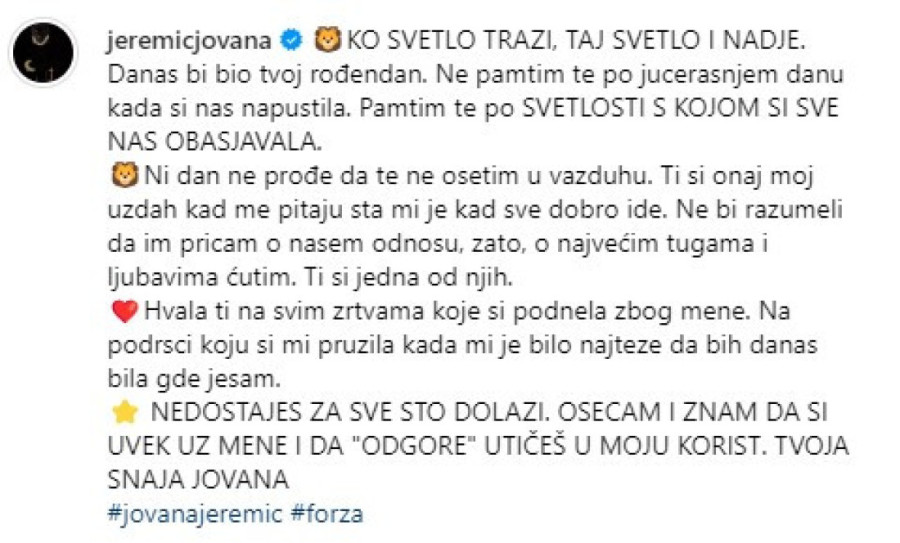 Emotivna poruka Jovane Jeremić, upućena bivšoj svekrvi: Hvala ti na svim žrtvama koje si podnela zbog mene! (FOTO)