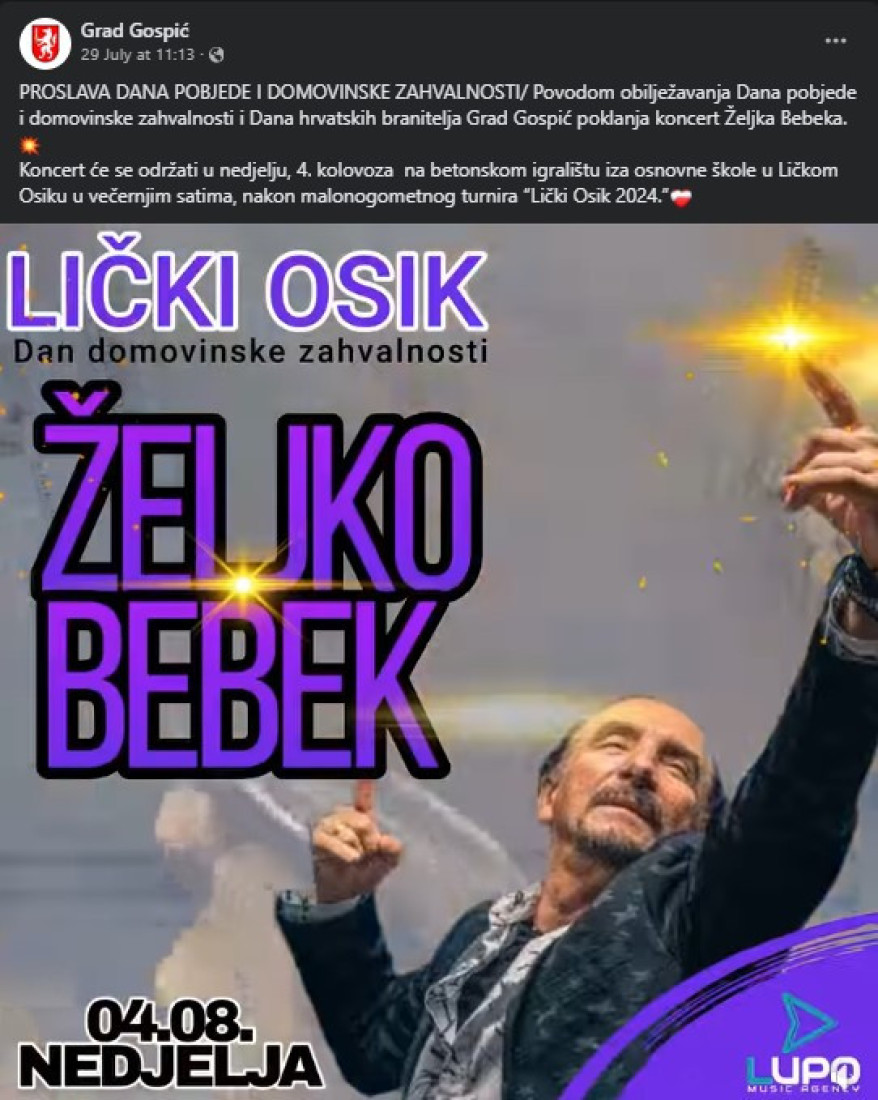"Ako uplate, radiću" Nakon javnih osuda zbog nastupa na proslavi "Oluje", oglasio se Željko Bebek
