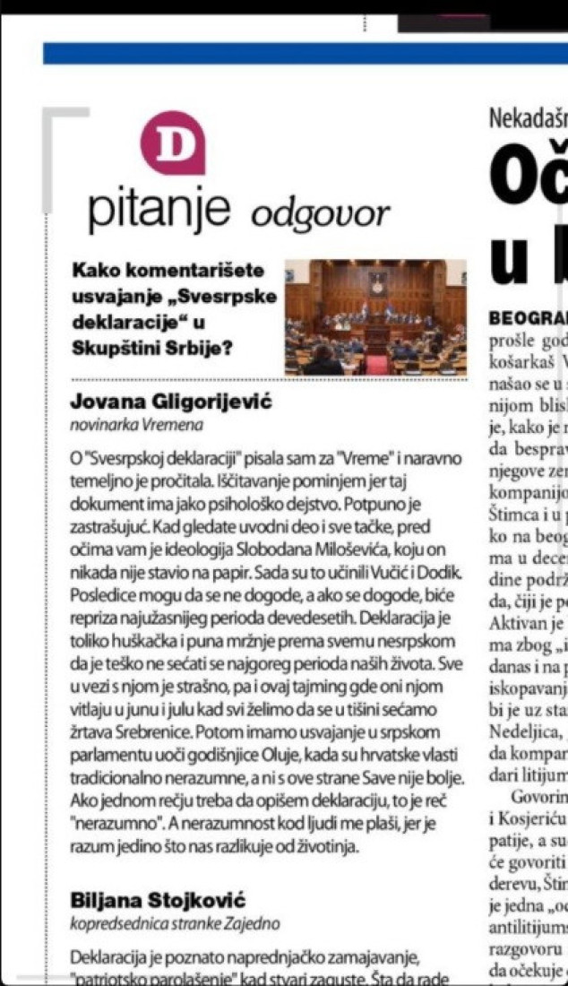 Novine Dragana Šolaka poručuju: Svesrpska deklaracija je zastrašujuća i huškačka, puna mržnje prema svemu nesrpskom!