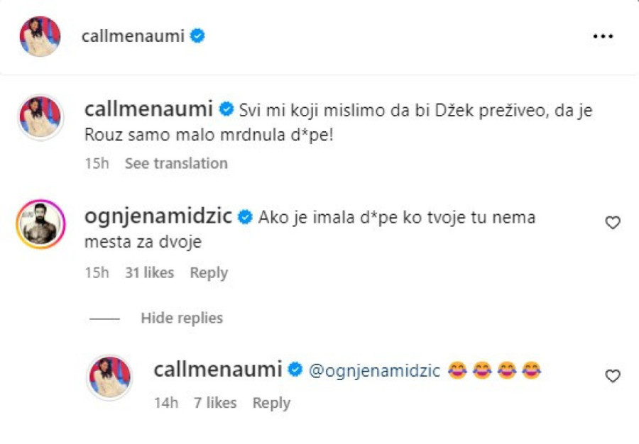 Mina i Ognjen kao na Titaniku: "Džek bi preživeo da je Rouz malo mrdnula du*e"