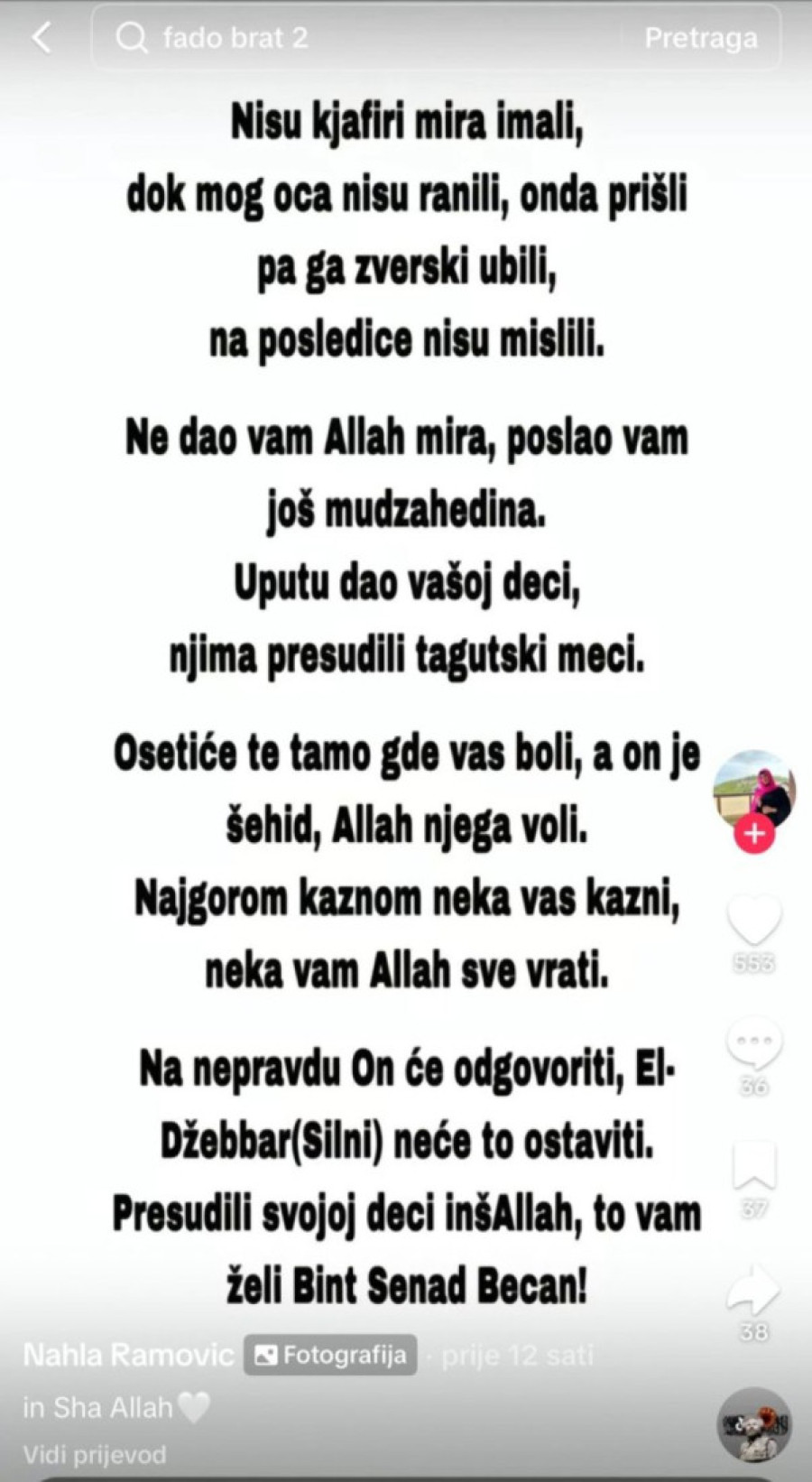 Jeziva pretnja osvetom ćerke ubijenog vehabije: Osetićete tamo gde vas boli, a on je  šehid, Alah njega voli! (FOTO)