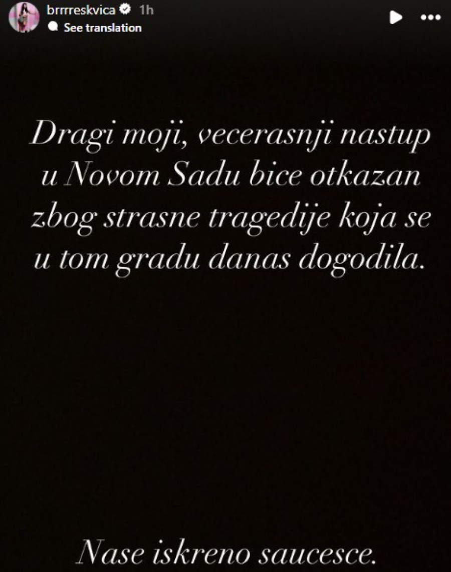 „Iskreno saučešće..." Breskvica otkazala nastup u Novom Sadu zbog strašne tragedije: Odmah joj se pridružila i koleginica (FOTO)