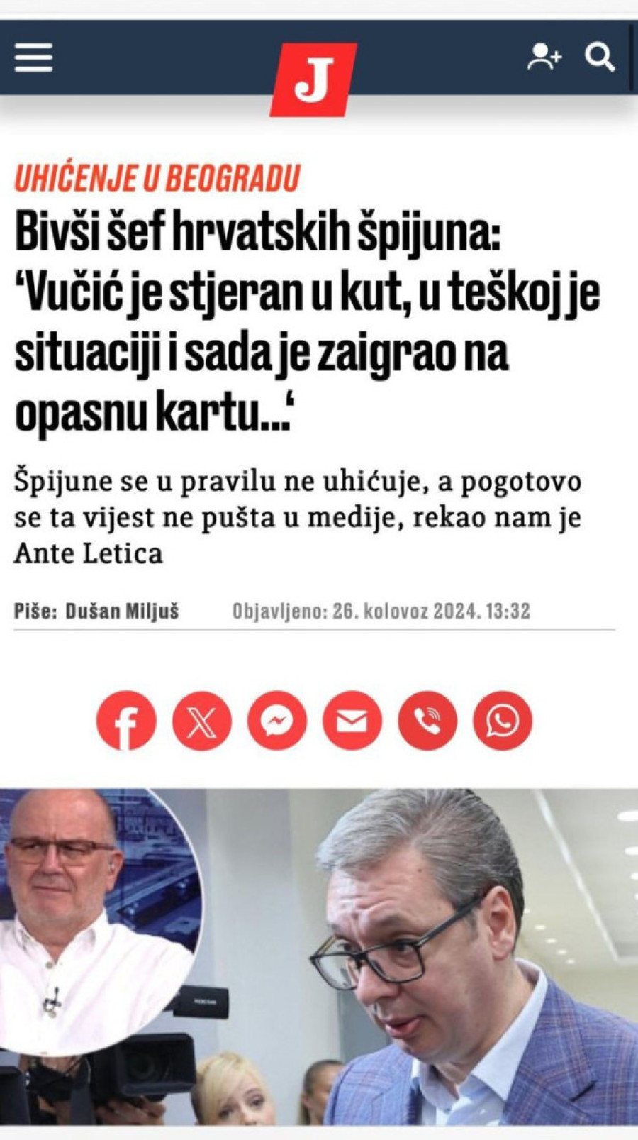 Ludilo mozga: Ustašama su Vučić i Putin krivi zato što je Hrvatska poslala i plaćala agenta u Srbiji, a naša država ga provalila i uhapsila!