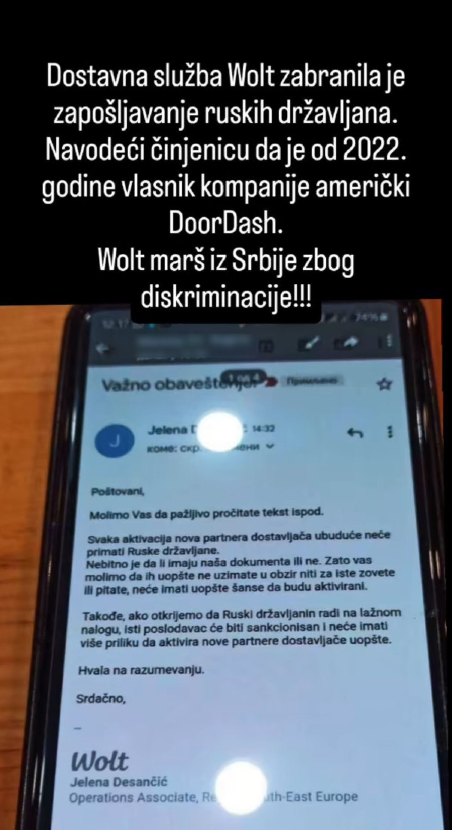 Skandal! Wolt zabranio zapošljavanje ruskih državljana u Srbiji!