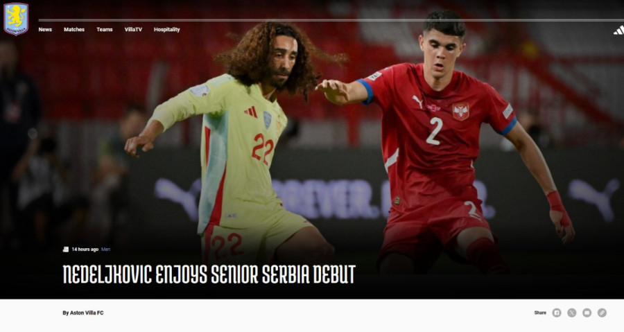 Nedeljković u prvom planu na sajtu Aston Vile: Nastup mladog "Orla" oduševio Engleze (FOTO)