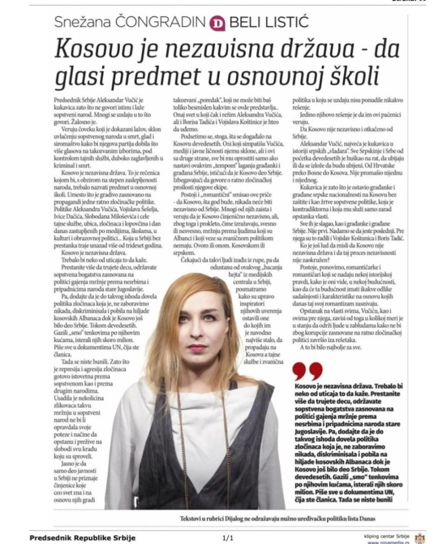 Sraman tekst u Đilasovom "Danasu": "Kosovo je nezavisna država - da glasi predmet u osnovnoj školi"