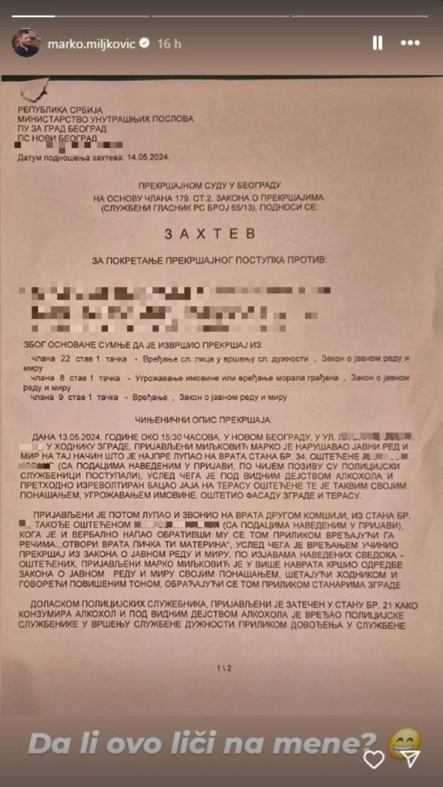 Ovo su svi detalji iz optužnice Marka Miljkovića: "Vređao je policijske službenike u vidno alkoholisanom stanju!"