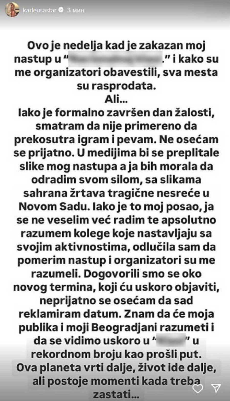 Karleuša otkazala nastup zbog tragedije u Novom Sadu: Nije primereno!
