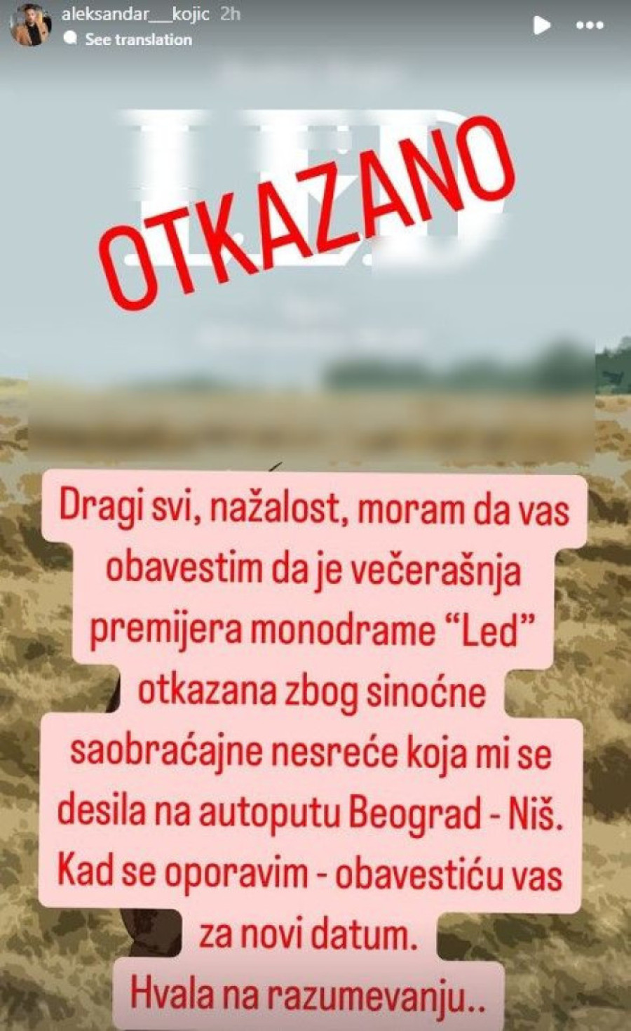 Mladi glumac doživeo saobraćajnu nezgodu: Monodrama Radoša Bajića otkazana je zbog nemilog događaja (FOTO)