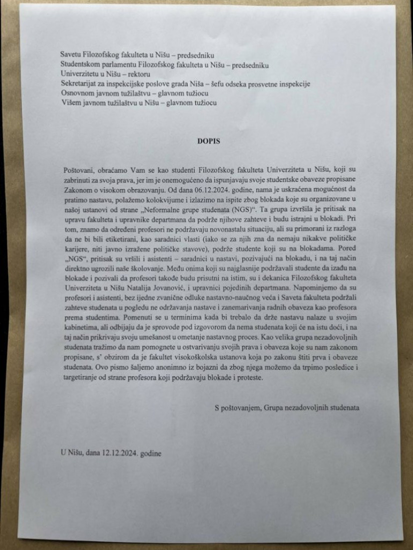 Deo studenata iz Niša ne želi blokadu: Poslali dopis - otkrili šta se zapravo dešava na Filozofskom fakultetu