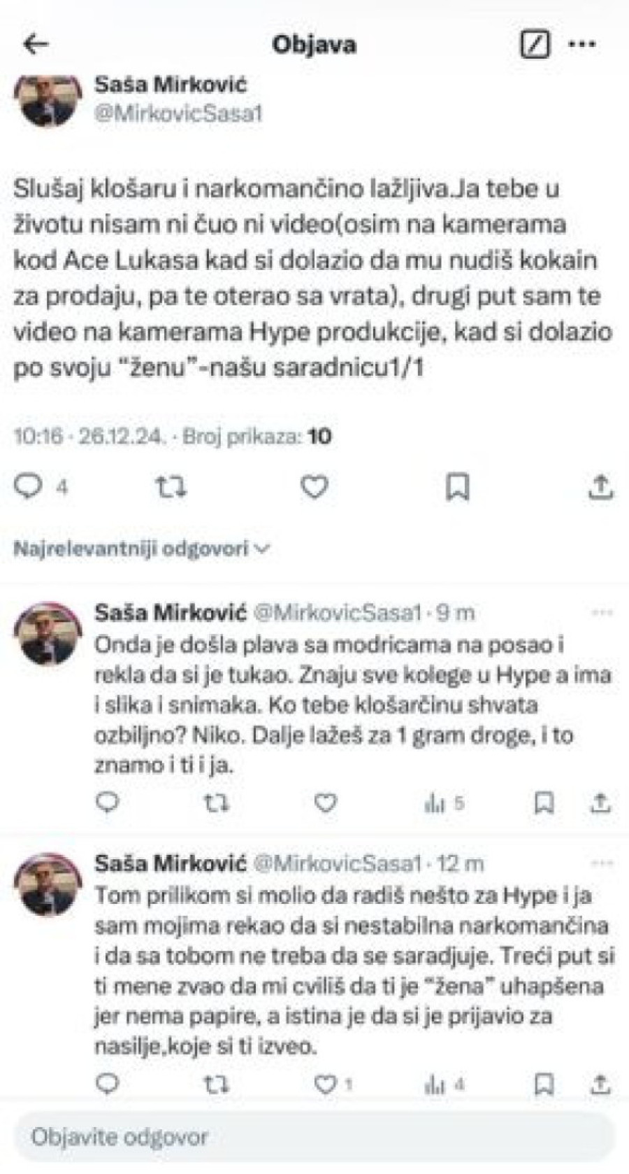 "Slušaj, narkomančino jedna" Saša Mirković odgovorio na patetične izjave Sergeja Trifunovića:"Tvoja 