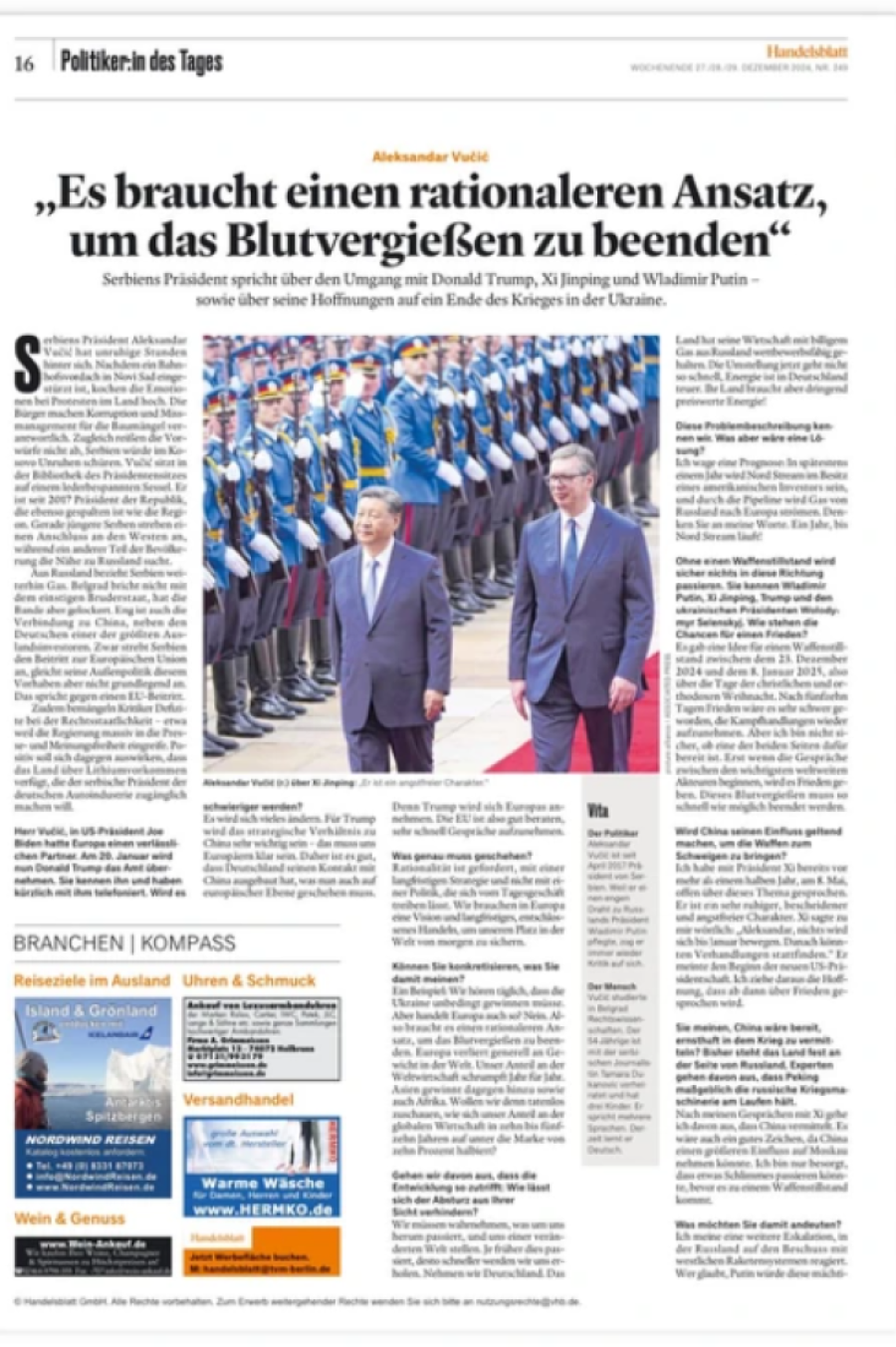 Predsednik Vučić dao veliki intervju za nemački list: Za okončanje krvoprolića u Ukrajini potreban racionalniji pristup