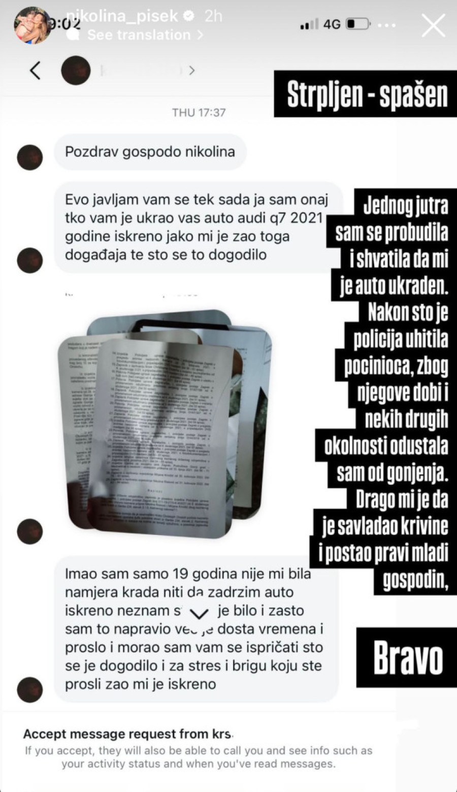 Nikolini Pišek se javio dečko koji joj je ukrao auto! Voditeljka podelila šok poruku: "Postao je pravi mladi gospodin!"