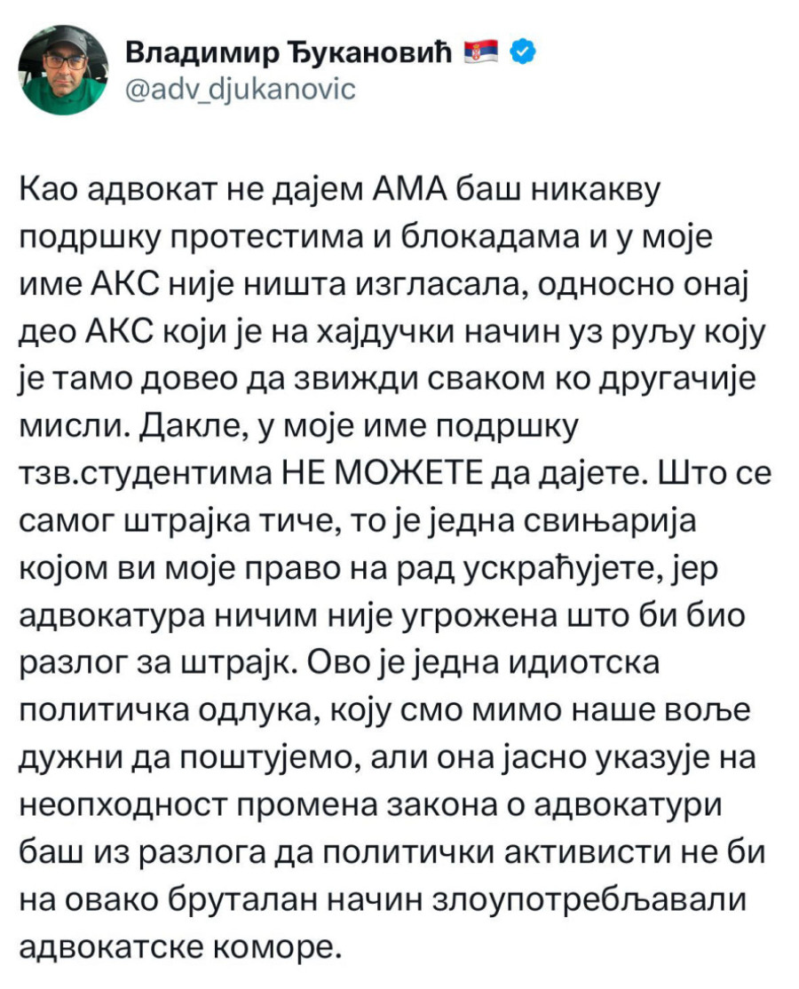 Vladimir Đukanović o štrajku advokata: U moje ime podršku tzv. studentima ne možete da dajete