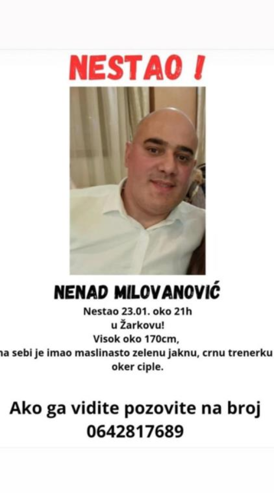 Nestao Nenad Milovanović u Žarkovu! Već dva dana se ne javlja na telefon i nigde ga nema