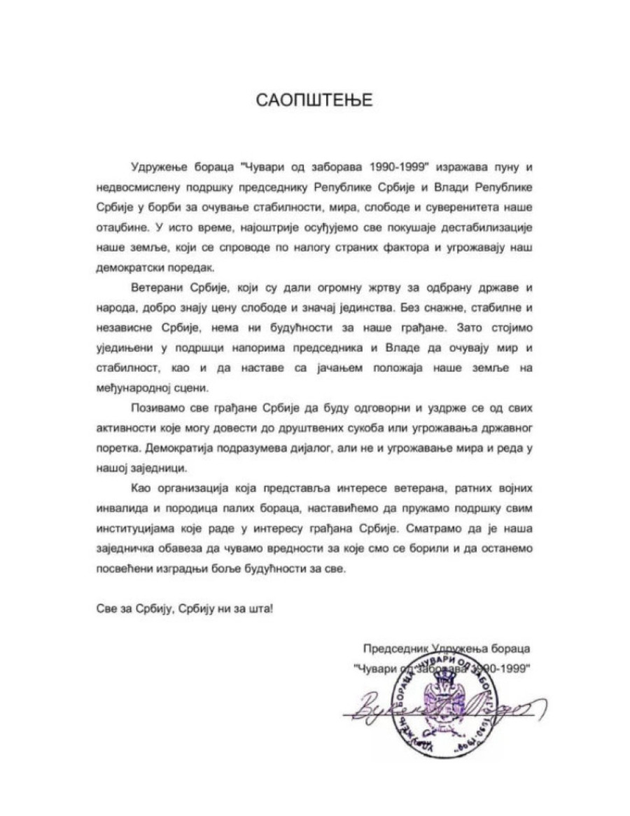 "Sve za Srbiju, Srbiju ni za šta": Ova udruženja ratnih dobrovoljaca, veterana i boraca su pružili podršku Vučiću u osnivanju novog pokreta