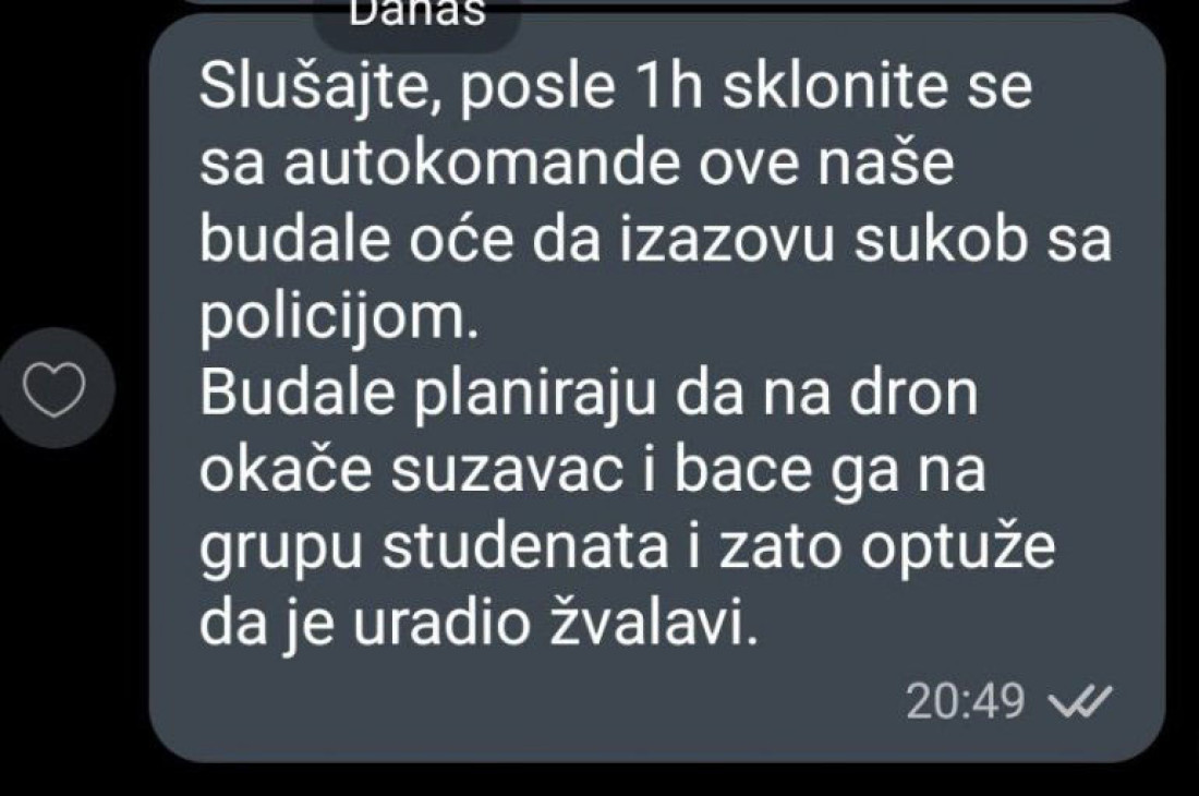 Blokatori planiraju incident posle ponoći: "Budale planiraju da na dron okače suzavac i bace ga na grupu studenata"