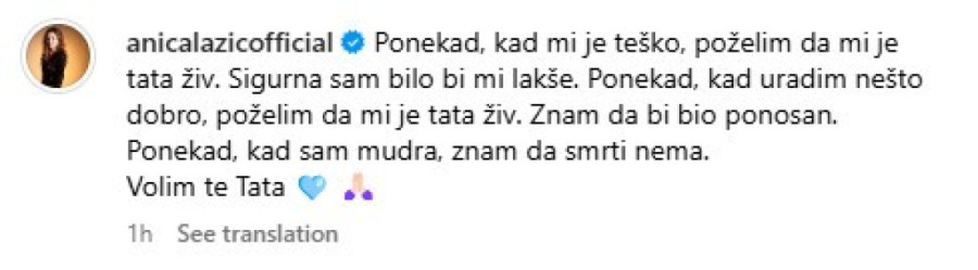 „Znam da bi bio ponosan!" Devojka Lazara Ristovskog posvetila emotivnu poruku pokojnom ocu