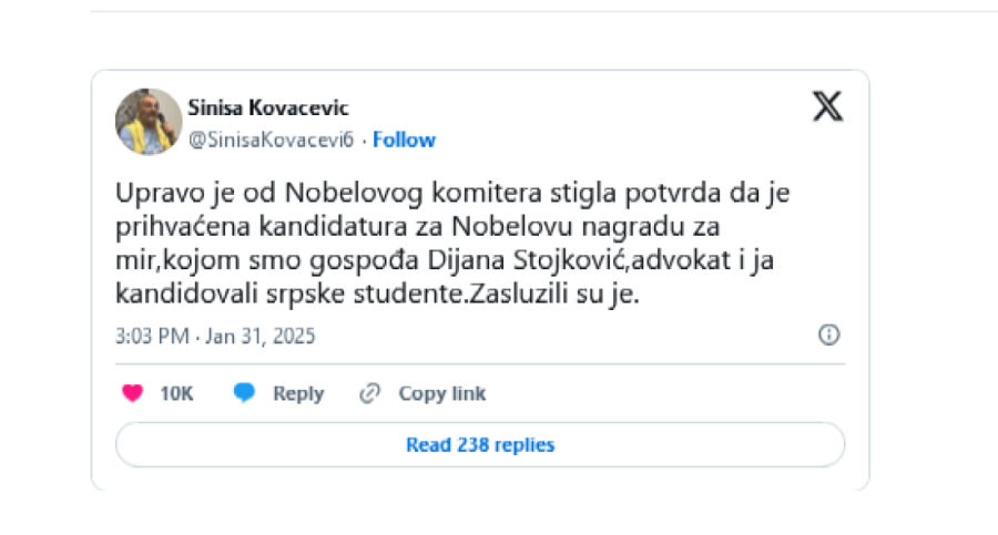 Masna laž Siniše Kovačevića! Kandidovao studente za Nobela, pa se zaneo u izmišljotinama!