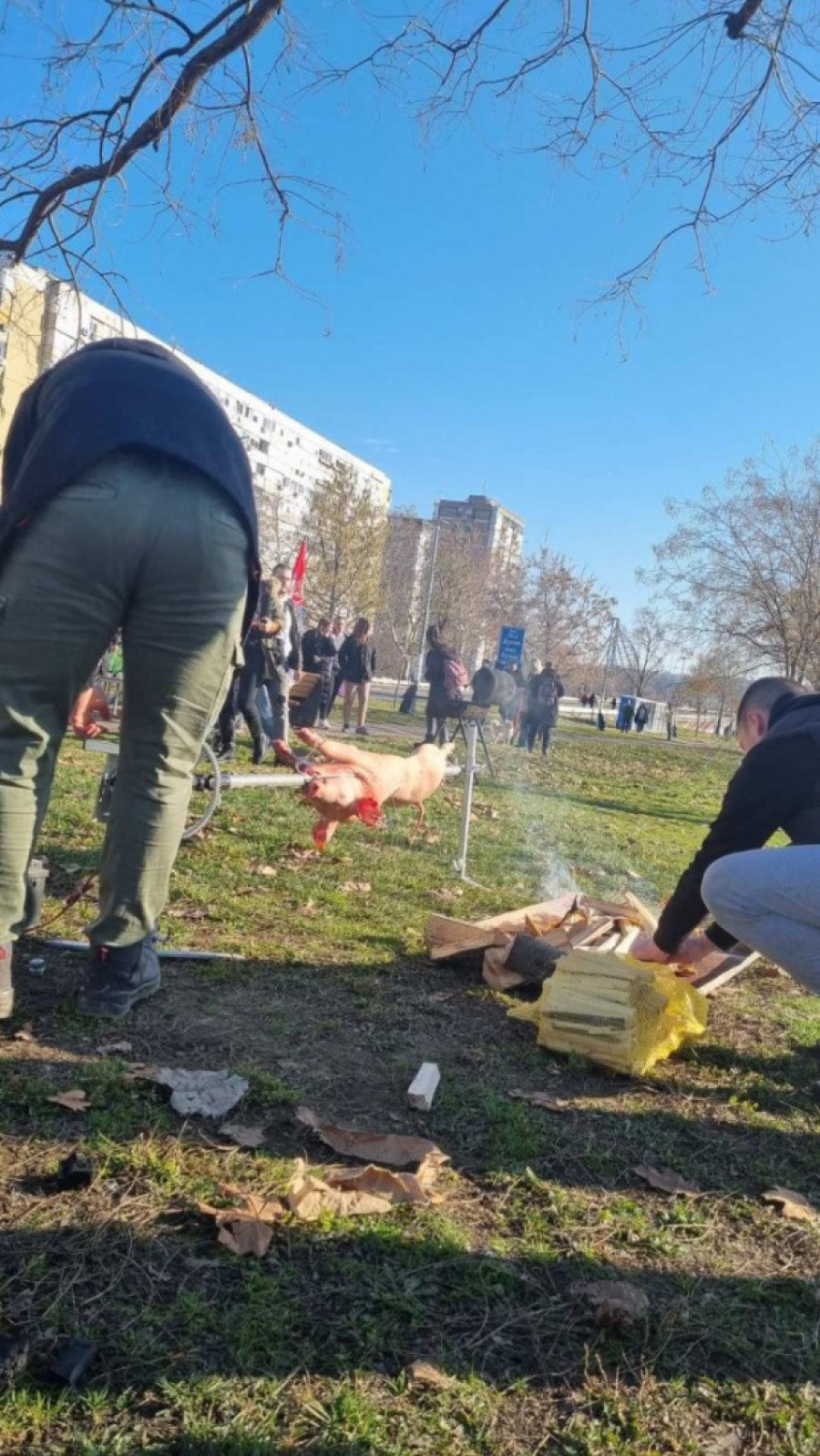 Peku prase na ražnju! Evo kako građani u blokadi "žale" žrtve tragedije u Novom Sadu! (FOTO)