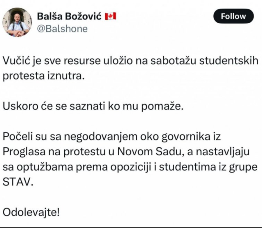 Balša Božović optužuje studente: Tvrdi da su "Vučićevi studenti" zato što se ograđuju od opozicije i Proglasa (FOTO)