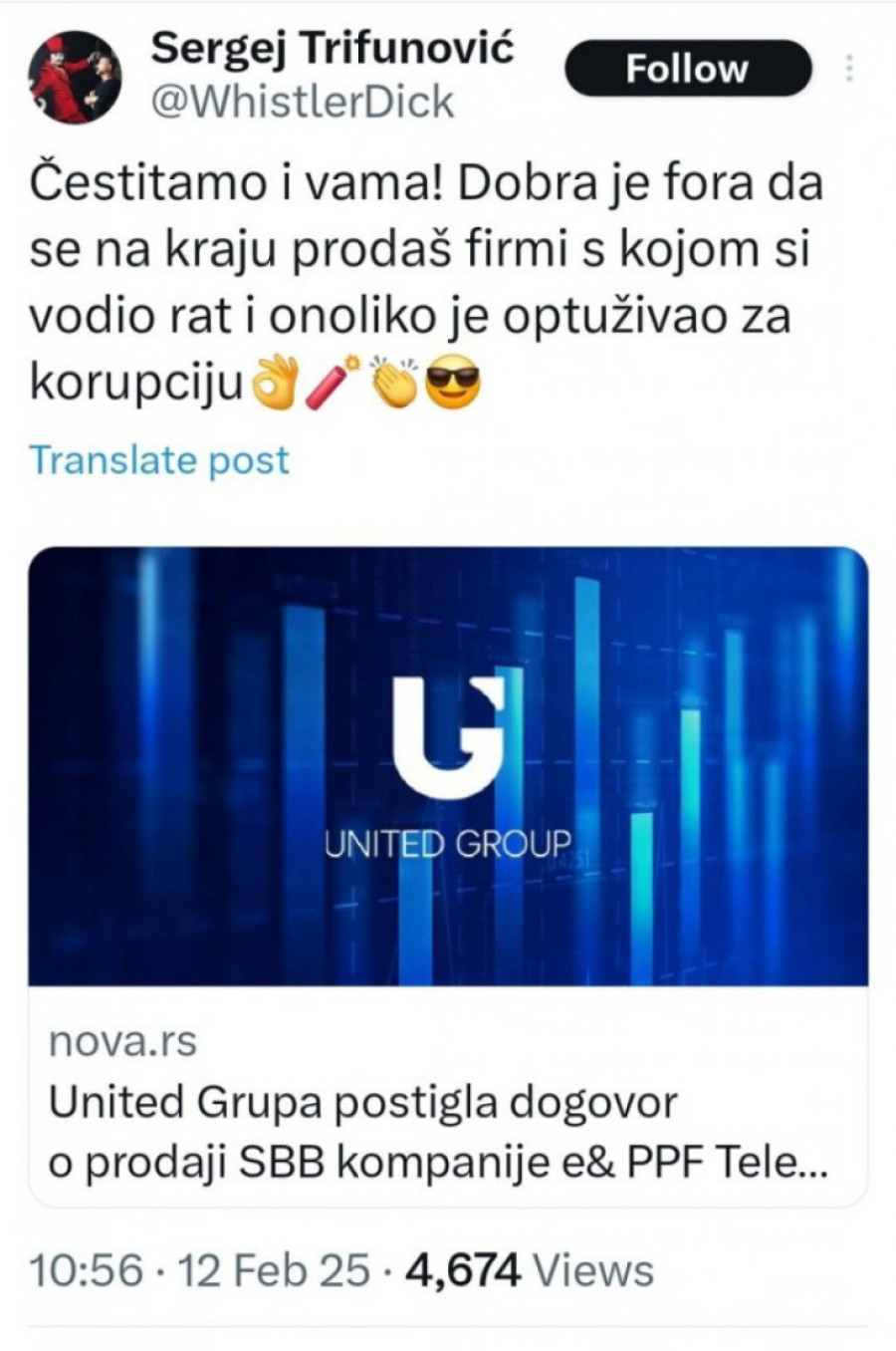 Sergej Trifunović o prodaji SBB-a: "Dobra je fora da se na kraju prodaš firmi s kojom si vodio rat"