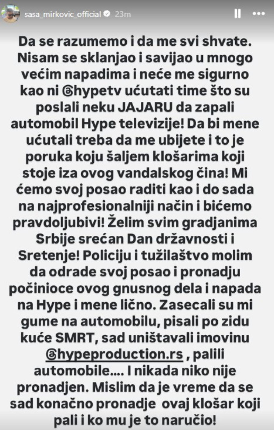 Saša Mirković se oglasio nakon što mu je zapaljen automobil: Da biste me ućutali treba da me ubijete!