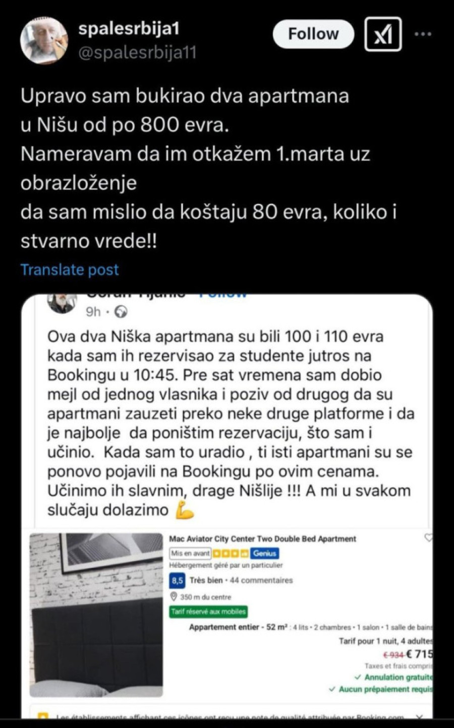 Apartmani u Nišu pred planirani studentski protest 800 evra! Dokaz da su ovo blokade privilegovanih! (FOTO)
