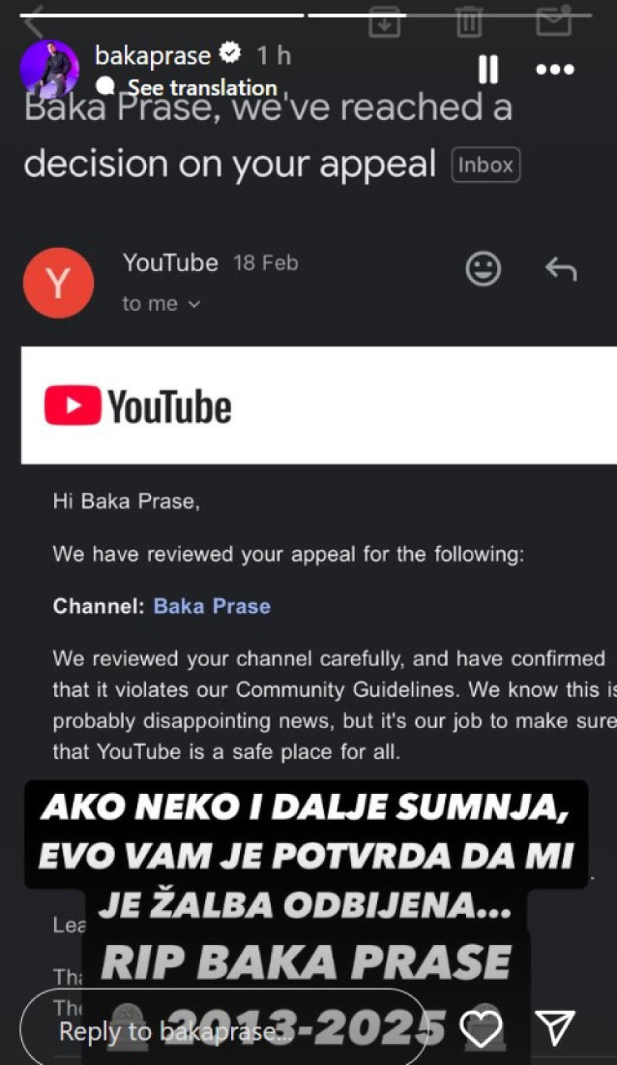 Baka Prase otkrio zašto mu je ugašen kanal na Jutjubu: "Ovo su razočaravajuće vesti"