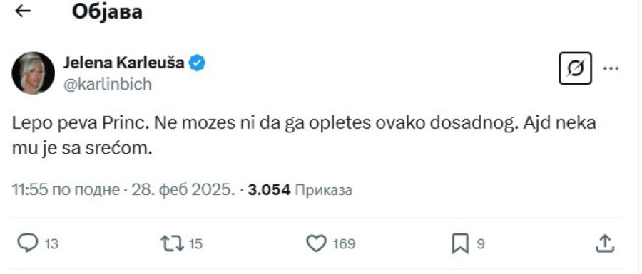 Karleuša se oglasila nakon što je Princ odneo pobedu na PZE: "Ne možeš ni da ga opleteš ovako dosadnog!"