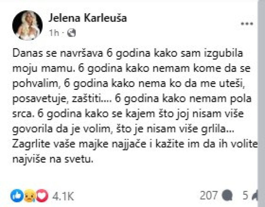 Šest godina od smrti Divne Karleuše, Jelena rasplakala sve objavom: "Nema ko da me uteši i zaštiti"