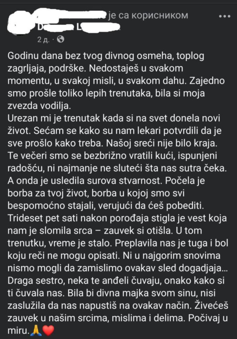 Tuga na godišnjicu smrti porodilje: "Na svet si donela novi život, a 35 sati kasnije zauvek otišla" - potresna objava rođake