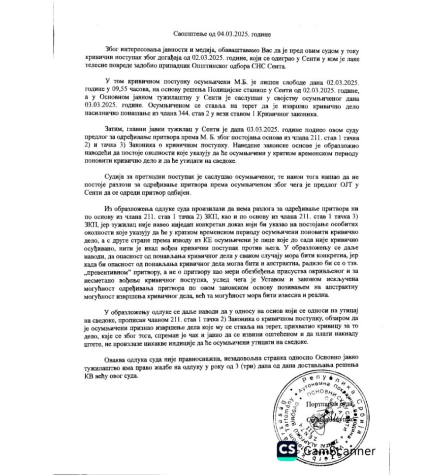 Đilasovcu ni minut pritvora za prebijanje naprednjaka - Građani ogorčeni!  Oglasio se i Osnovni sud u Senti  (FOTO/ VIDEO)