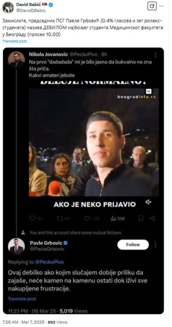 Sramno! Bogati, bahati i besni Grbović vređa najboljeg studenta medicine Miloša Pavlovića!