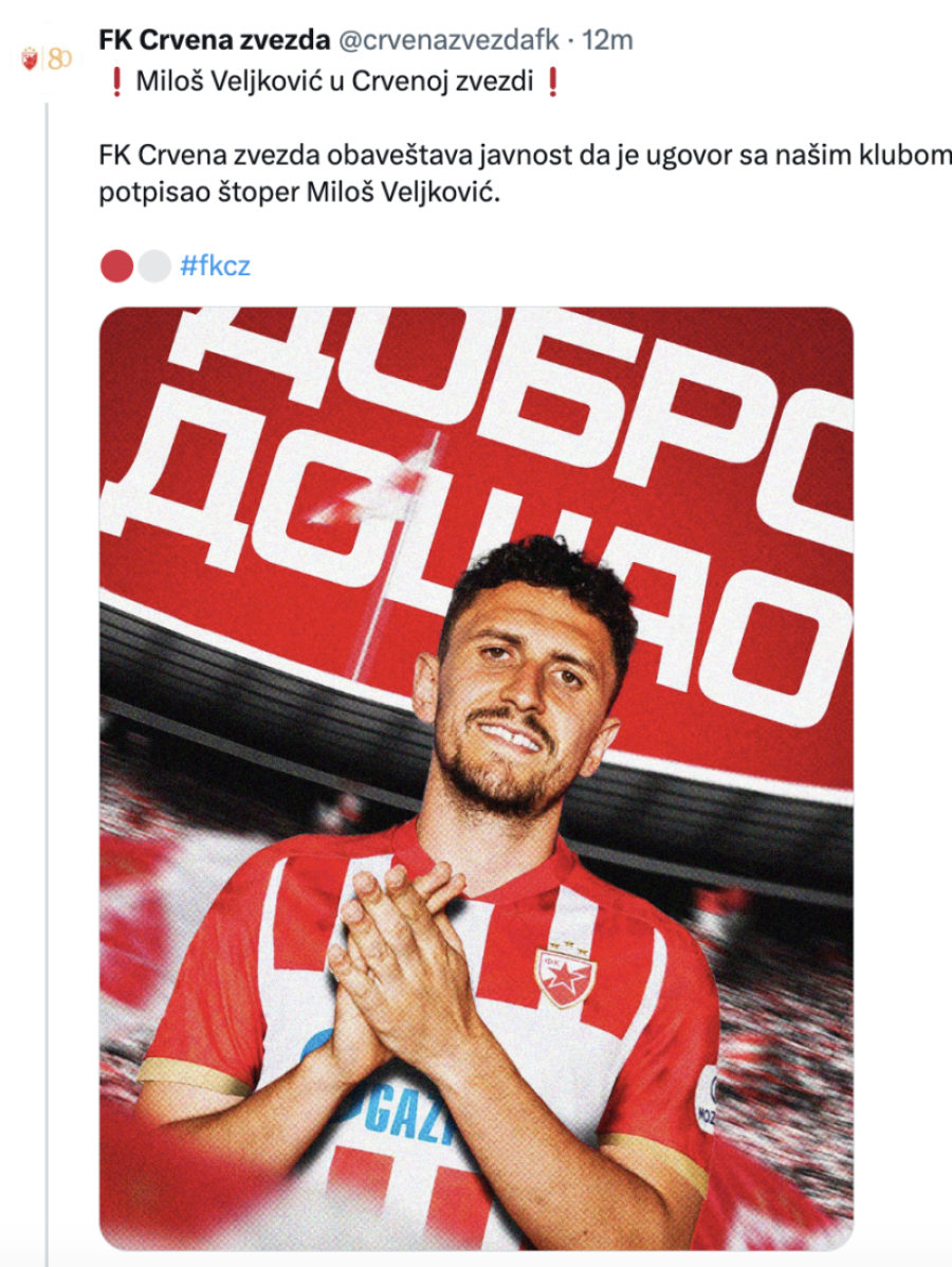 Zvezda objavila prvu sliku Veljkovića u crveno-belom dresu: Potpisao je! (FOTO)