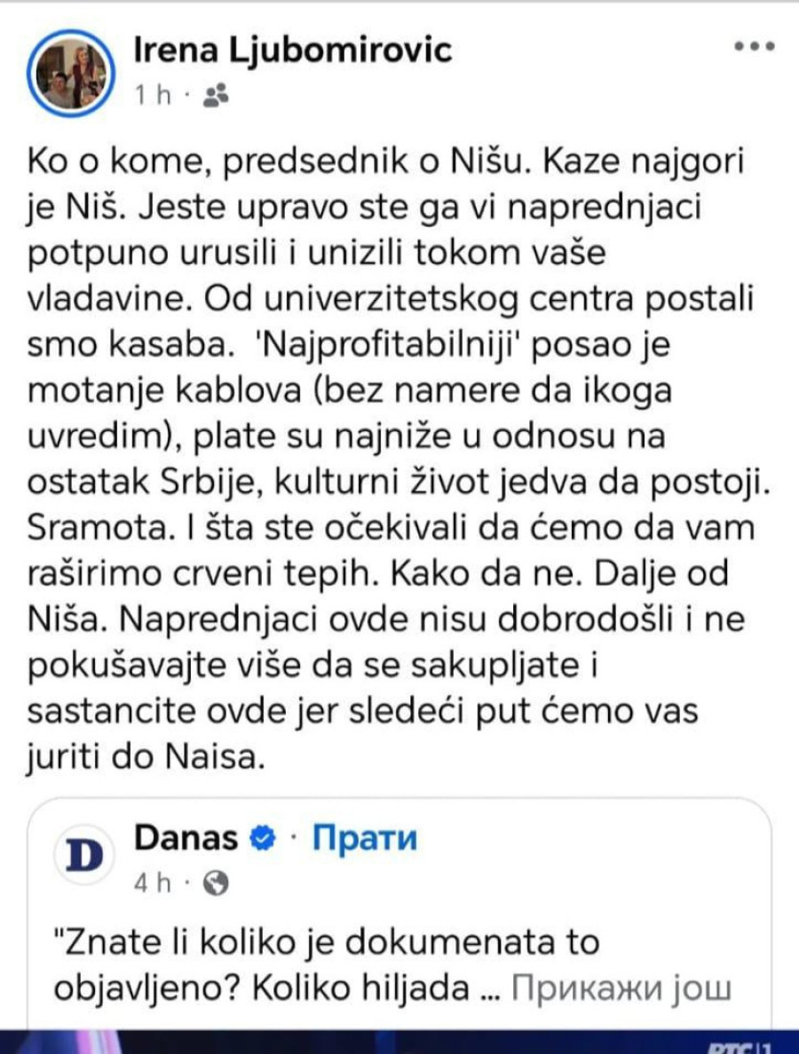 Jezivo! Profesorka Univerziteta u Nišu Irena Ljubomirović preti da će političke nestomišljenike juriti do Naisa!