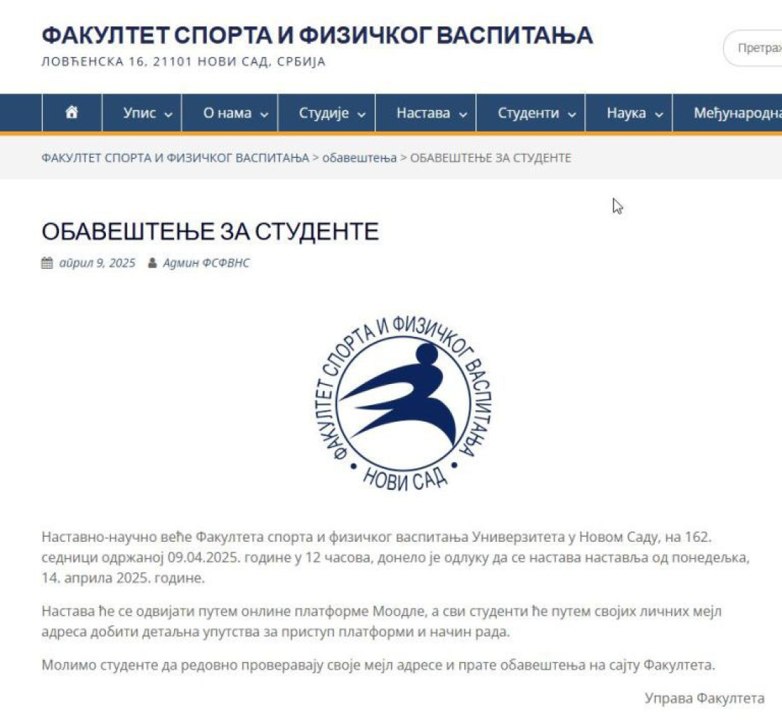 I Fakultet sporta i fizičkog vaspitanja iz Novog Sada obustavlja blokadu! Kreću sa nadoknadom nastave 14. aprila