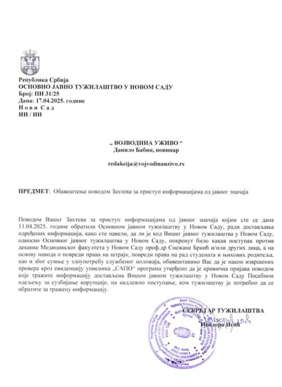 Više javno tužilaštvo potvrdilo: Pokrenut postupak protiv dekanke Medicinskog fakulteta u Novom Sadu