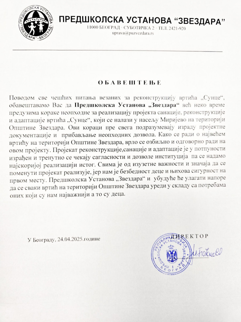 Bezbednost i sigurnost dece prioritet! Oglasila se direktorka predškolske ustanove "Zvezdara" povodom rekonstrukcije vrtića "Sunce"