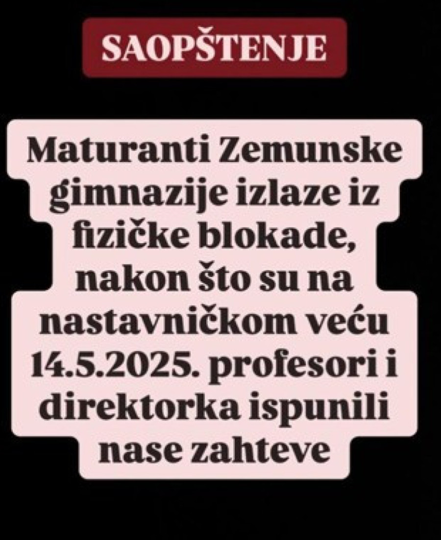 Ispunjeni uslovi: Maturanti Zemunske gimnazije izašli iz fizičke blokade zgrade