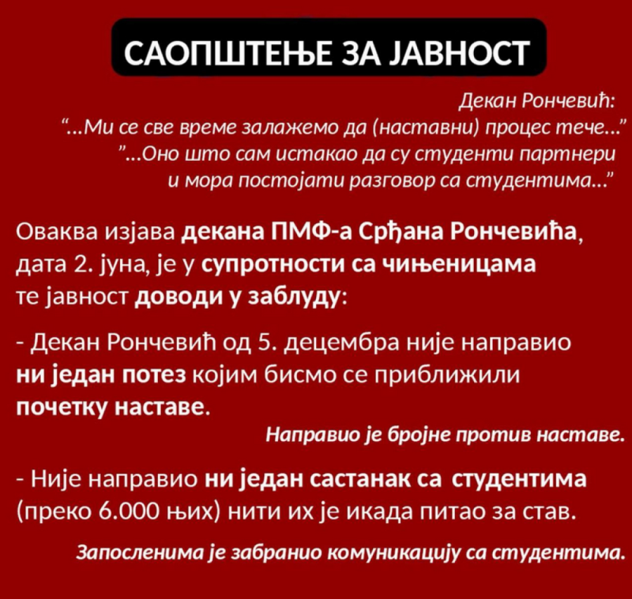 Studenti i zaposleni na novosadskom PMF-u protiv blokade: Poslali poruku dekanu Rončeviću - Niste ispoštovali dogovor sa ministrom