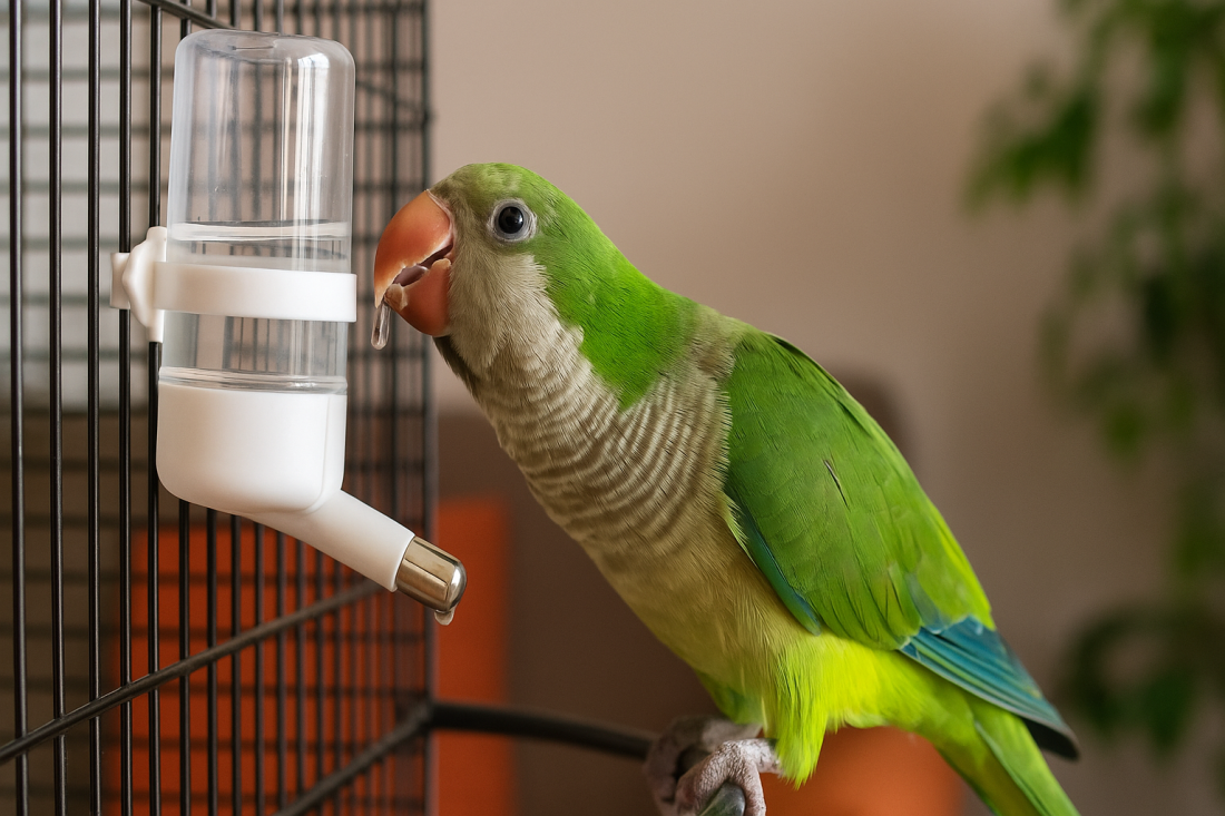 Zeleno-plavi papagaj pije vodu iz posude u kavezu kao kućni ljubimac
