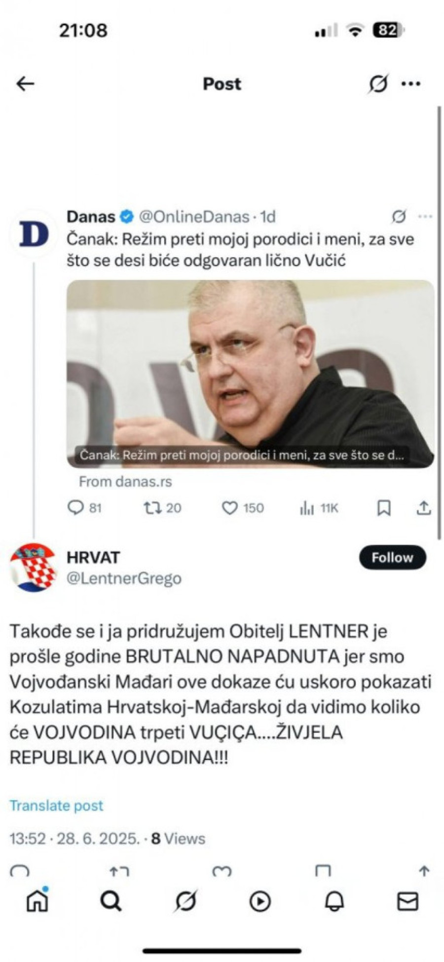 Čanak kuka na Vučića: Ustaše ga podržavaju dok napada predsednika Srbije