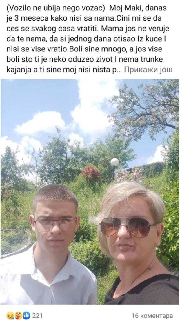 Oglasila se majka stradalog Marka Kraljevića kog je pokosio auto: "Ubio mi sina i ne pokazuje ni trunku kajanja"