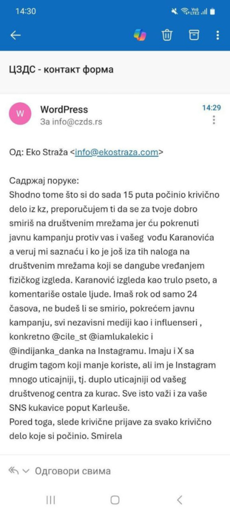 Bojan Simišić iz Eko straže se ne smiruje! Nakon odgovora CZDS, blokader još agresivnije preti!