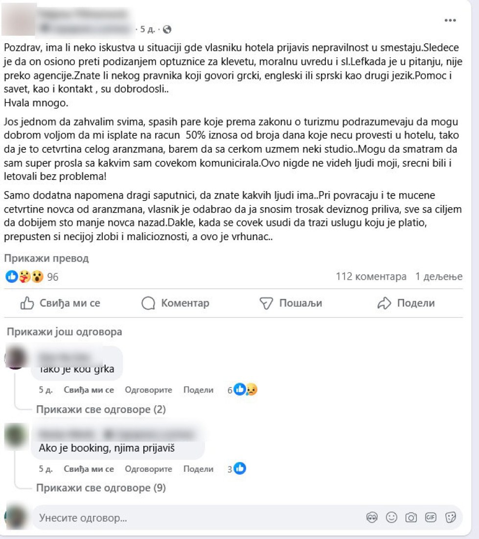 Ženi iz Srbije pretio vlasnik smeštaja u Grčkoj? Nije bila zadovoljna uslugom, a onda je usledio pakao