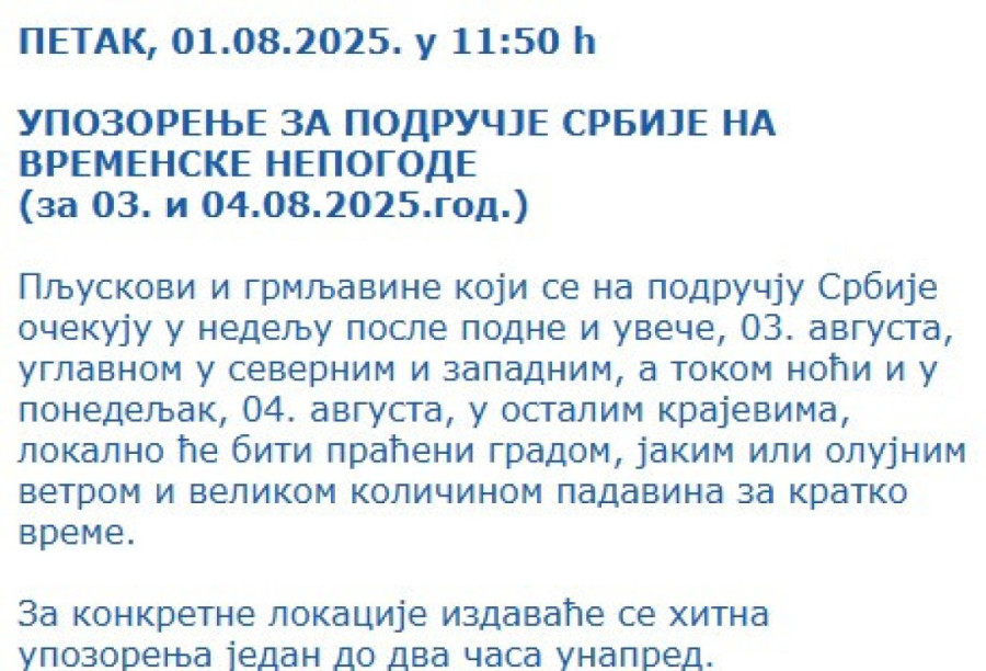 Novo upozorenje RHMZ! U ovim delovima Srbije očekuju se pljuskovi i jake grmljavine!