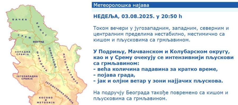Hitno upozorenje RHMZ-a: Ovi delovi Srbije su na udaru jakih pljuskova, grada i olujnog vetra!